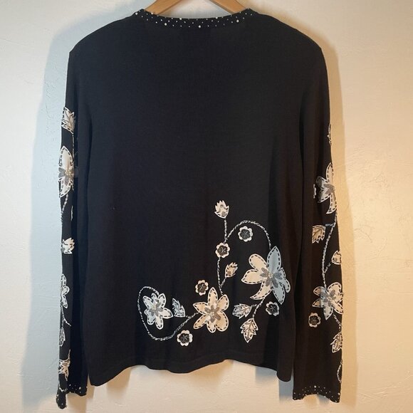 VTG Berek Sweater Cardigan Floral Bling Applique Pearls Black White 50's Medium - Picture 2 of 11